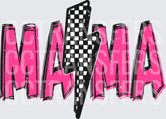 Mama Pink Bold Grunge Text Checkered Lightning Bolt (DTF)