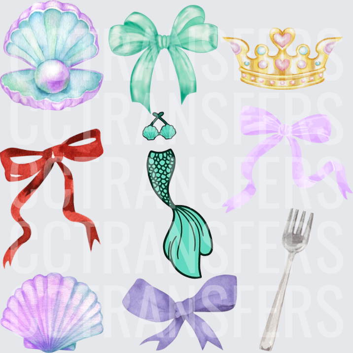 Mermaid Icons Bows Shells Crown Tail Fork Bundle (DTF)