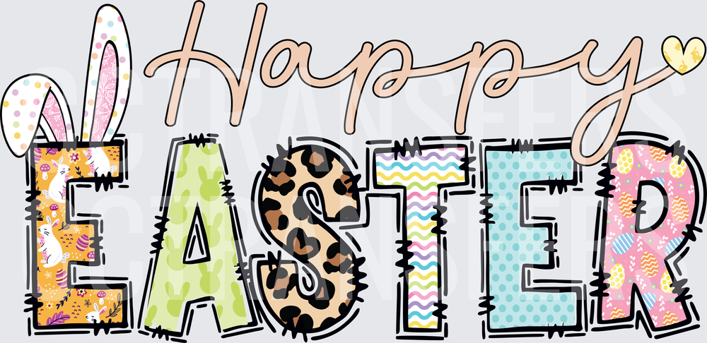 Happy Easter Bunny Ears Patterned Bold Letter Design (DTF)