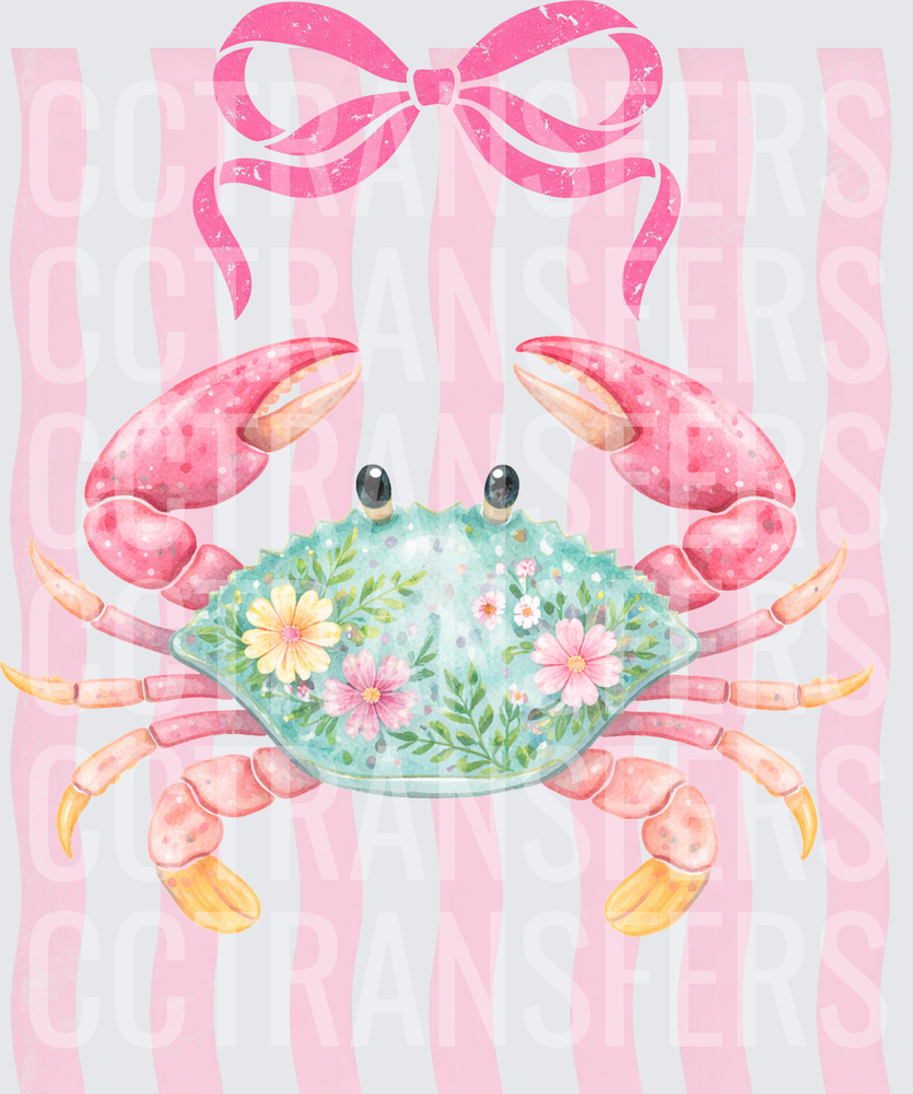 Floral Coquette Crab with Pink Bow Stripe Background (DTF)