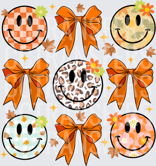 Fall Smiley Face Bows Autumn Leaves Floral Pattern Bundle (DTF)