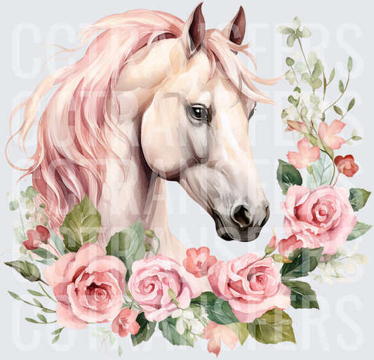 Watercolor White Horse Pink Mane Floral Rose Wreath (DTF)