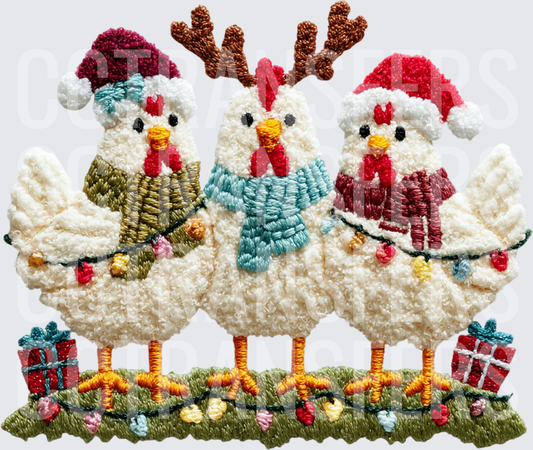 Three Christmas Chickens with Scarves and Holiday Lights (DTF)