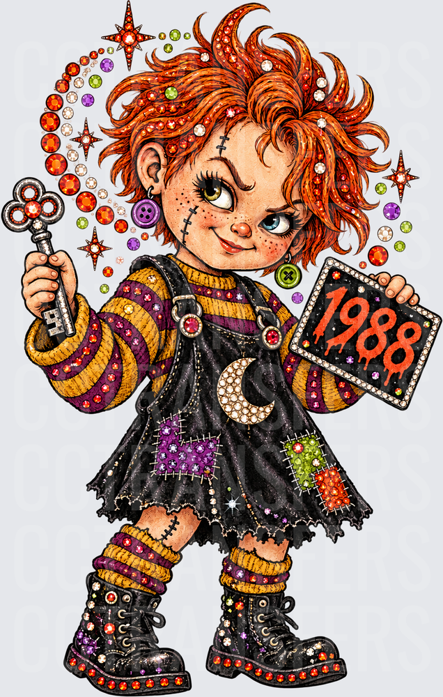 Spooky Rag Doll Girl 1988 Rhinestone Key Halloween (DTF)