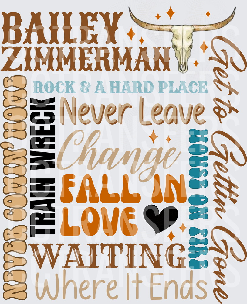 Country Music Artist Song Title Word Collage Longhorn Skull (DTF)
