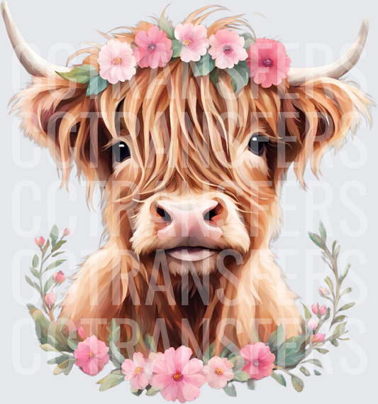 Cute Fluffy Baby Highland Cow Pink Floral Crown (DTF)