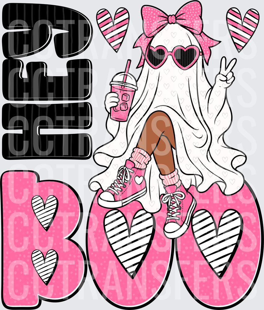 Hey Boo Trendy Ghost Girl Pink Bow Iced Coffee (DTF)