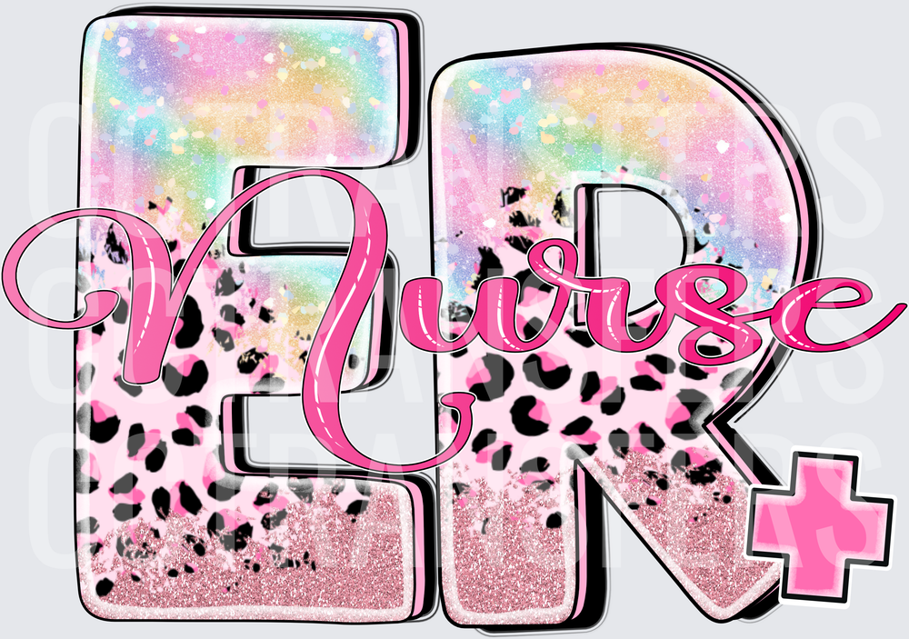 ER Nurse Pink Leopard Glitter Rainbow Bold Letters (DTF)