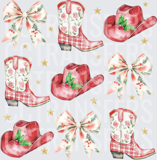 Christmas Cowgirl Boots Hats Holly Bows Stars Pattern (DTF)