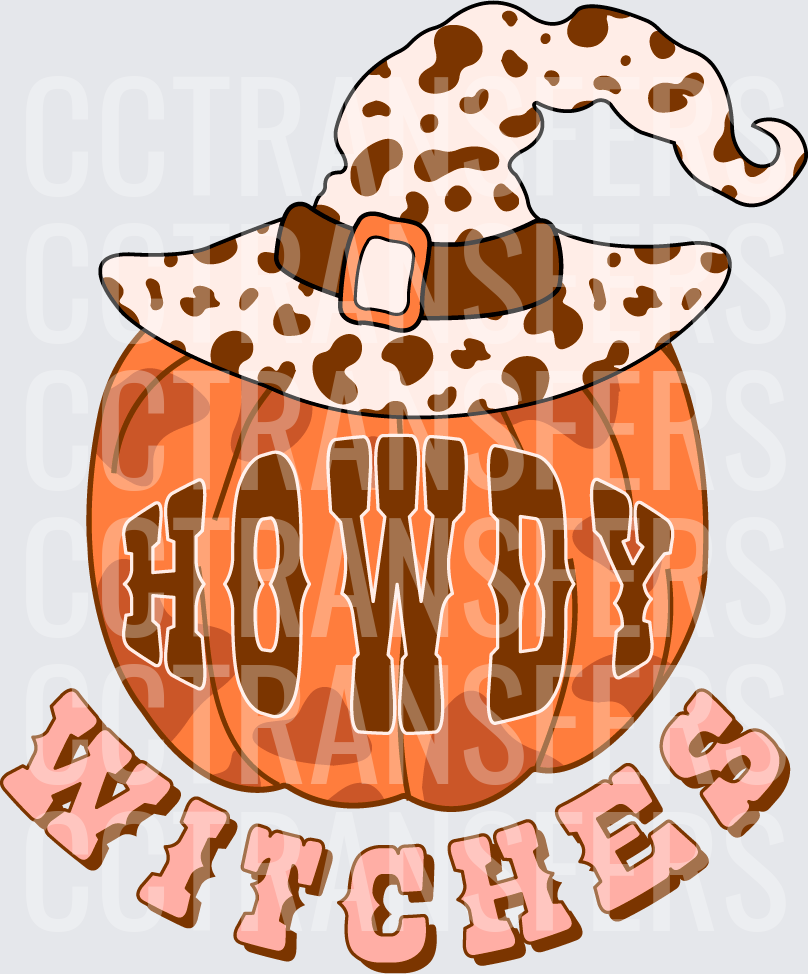 Howdy Witches Pumpkin Cow Print Witch Hat Halloween (DTF)