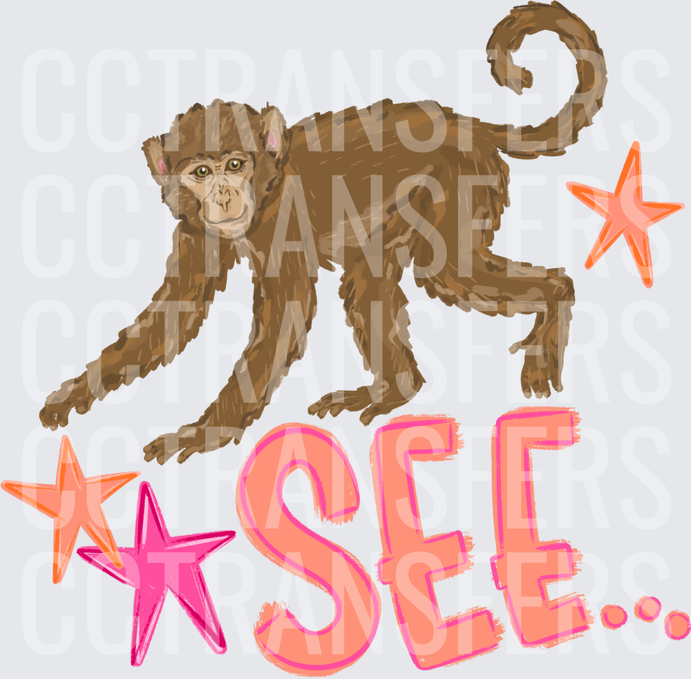 Illustrated Monkey with Stars and SEE... Text (DTF)