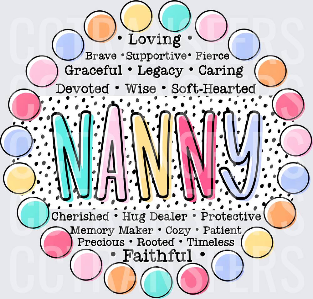 Nanny Loving Faithful Word Art Pastel Polka Dot Circle (DTF)