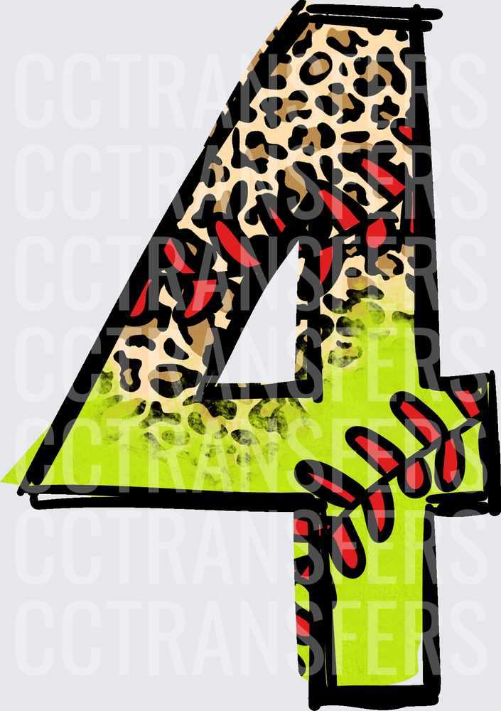 Number 4 Leopard Print Softball Laces Lime Green (DTF)