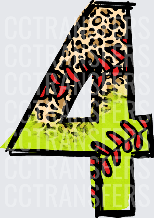 Number 4 Leopard Print Softball Laces Lime Green (DTF)