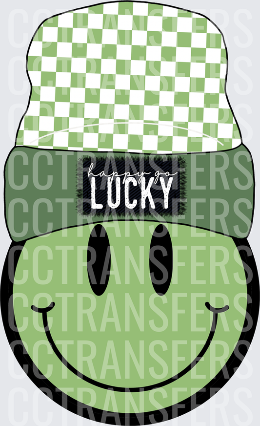 Happy Go Lucky Green Smiley Face Checkered Beanie (DTF)
