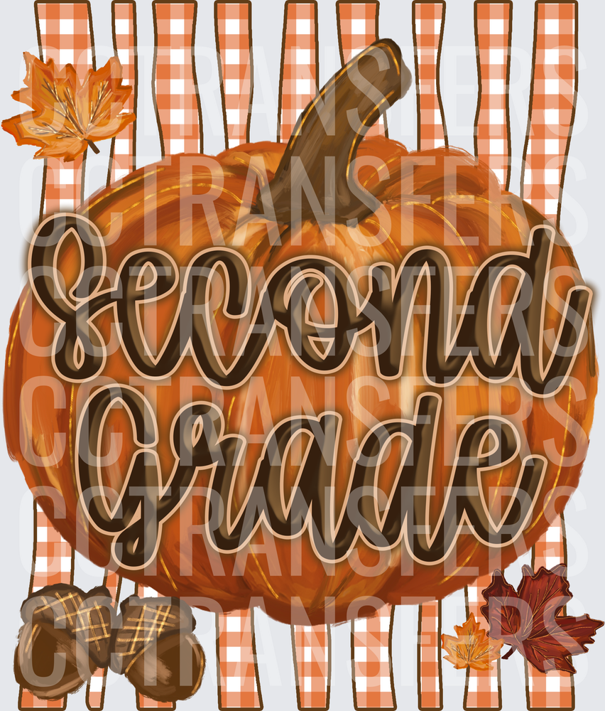 Second Grade Fall Pumpkin Gingham Autumn Leaves Acorns (DTF)