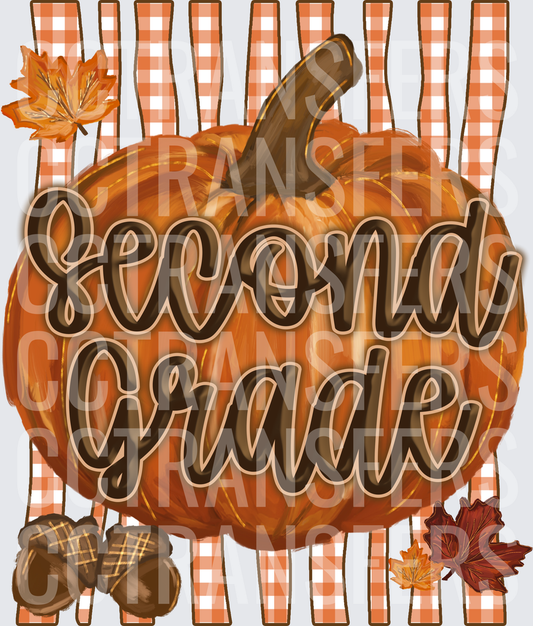Second Grade Fall Pumpkin Gingham Autumn Leaves Acorns (DTF)