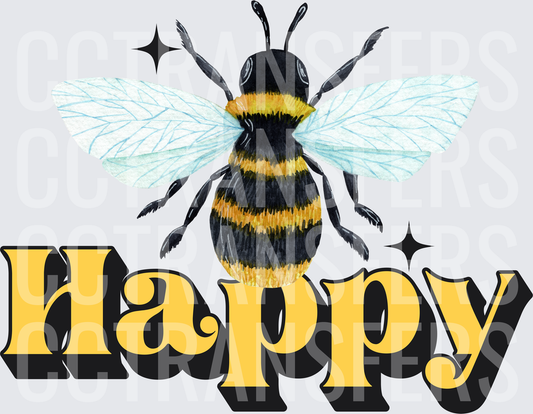 Watercolor Bumblebee Happy Retro Bold Text Sparkles (DTF)
