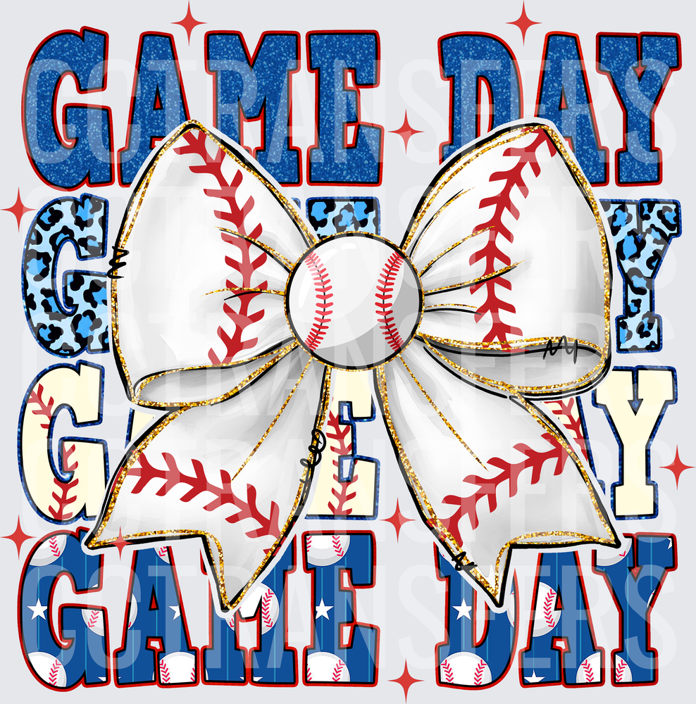Game Day Baseball Bow Stacked Glitter Text (DTF)