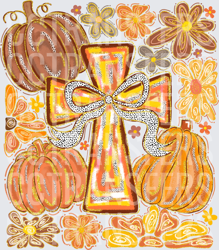 Fall Harvest Cross with Bow Pumpkins and Retro Flowers (DTF)