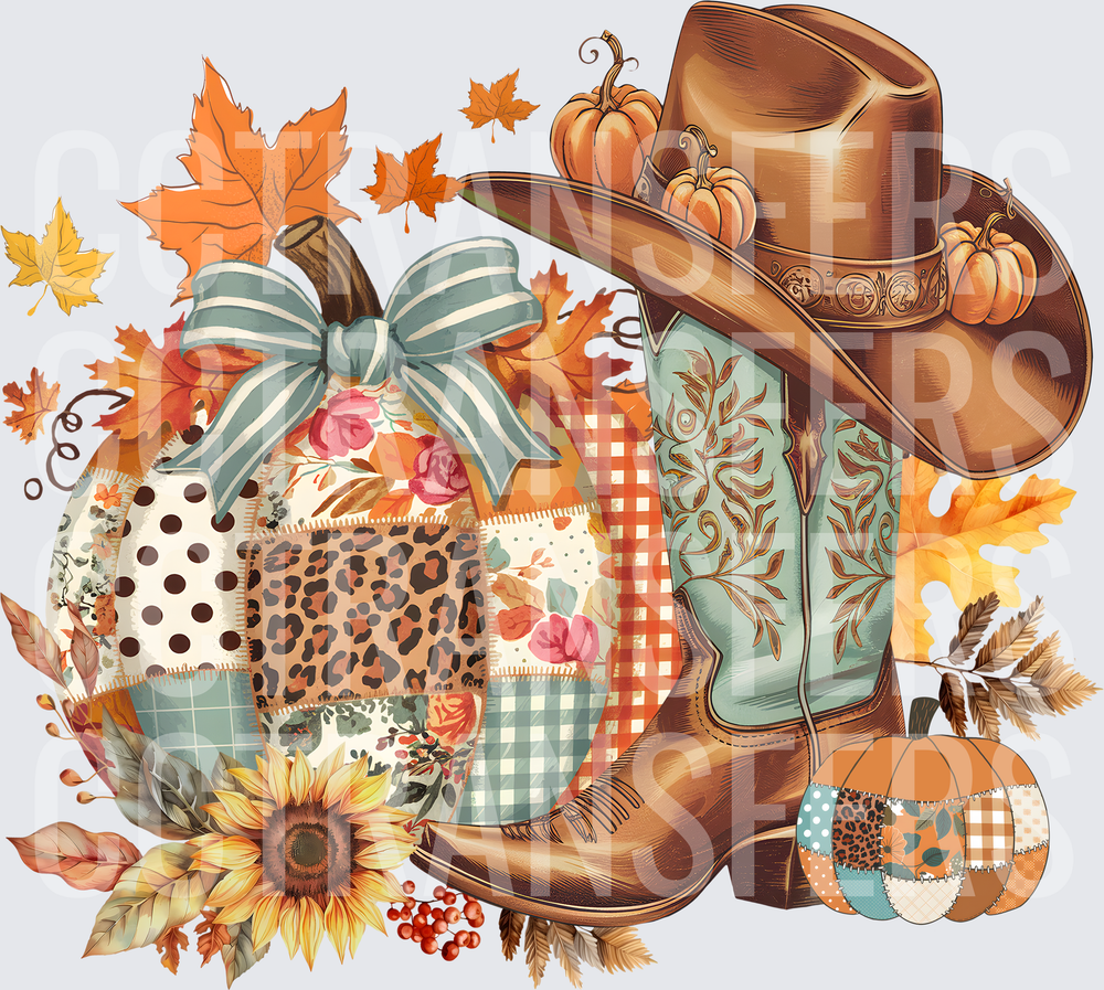 Fall Patchwork Pumpkin Cowboy Boot Hat Sunflower (DTF)
