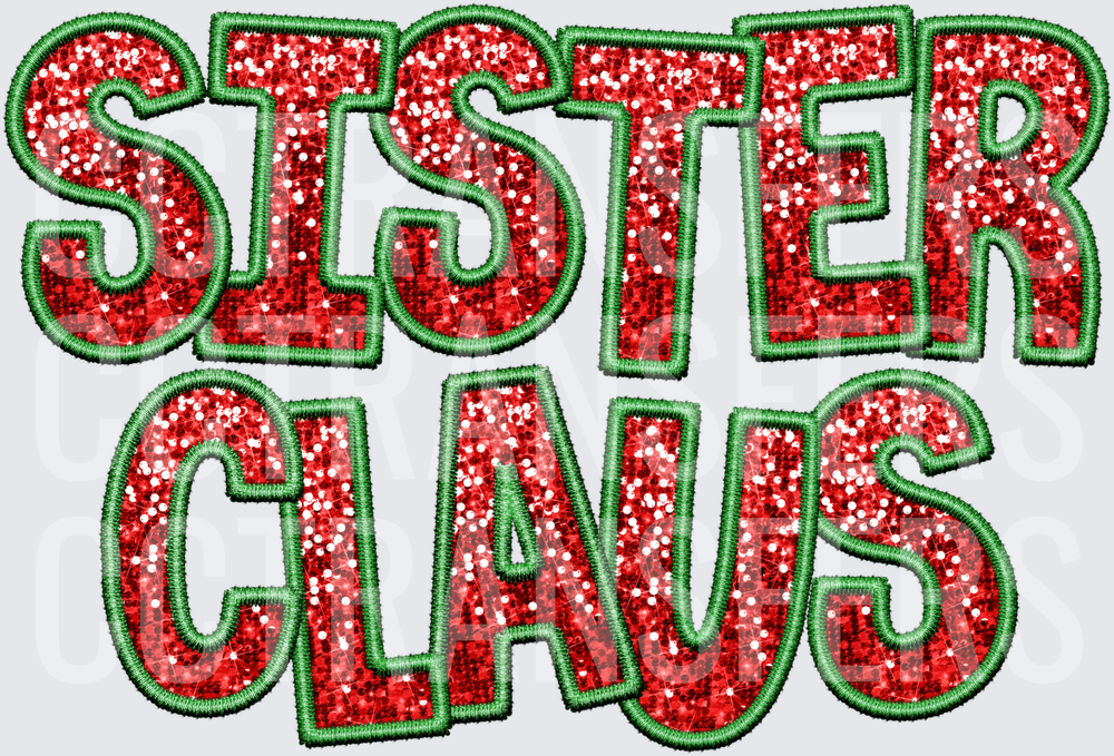 Sister Claus Red Glitter Green Embroidery Patch Style (DTF)