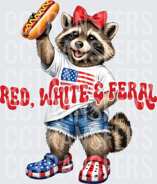 Red White & Feral Patriotic Raccoon Holding Hot Dog (DTF)