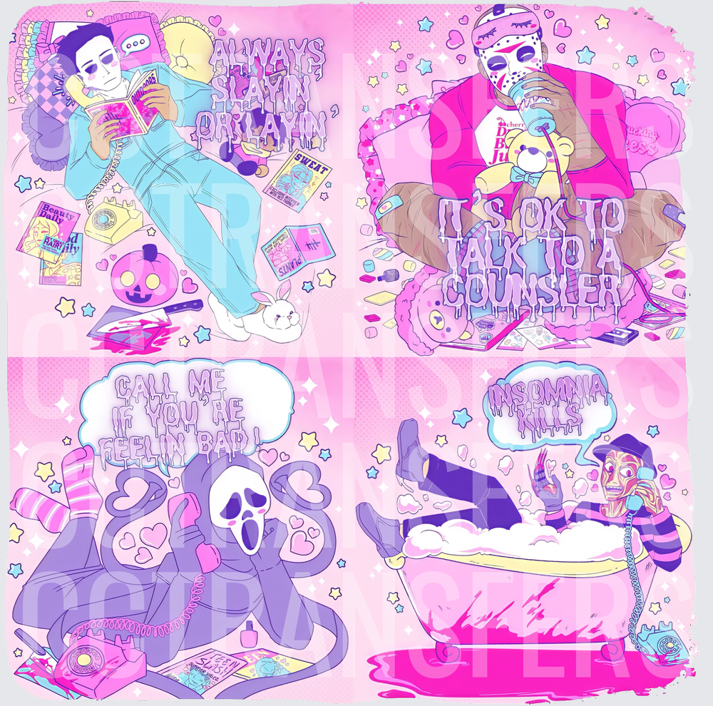 Pastel Horror Icons Self Care 4-Panel Kawaii Collage (DTF)