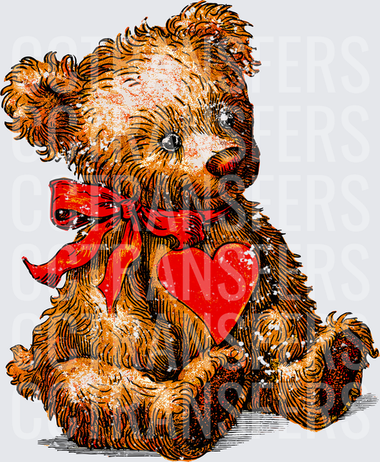 Vintage Teddy Bear Red Bow Heart Snow Distressed (DTF)