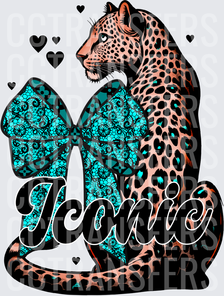 Iconic Leopard with Teal Lace Bow and Hearts (DTF)