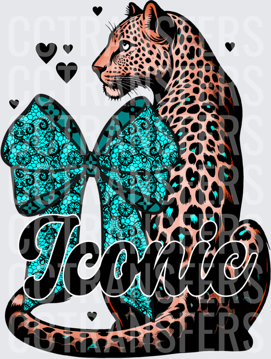 Iconic Leopard with Teal Lace Bow and Hearts (DTF)