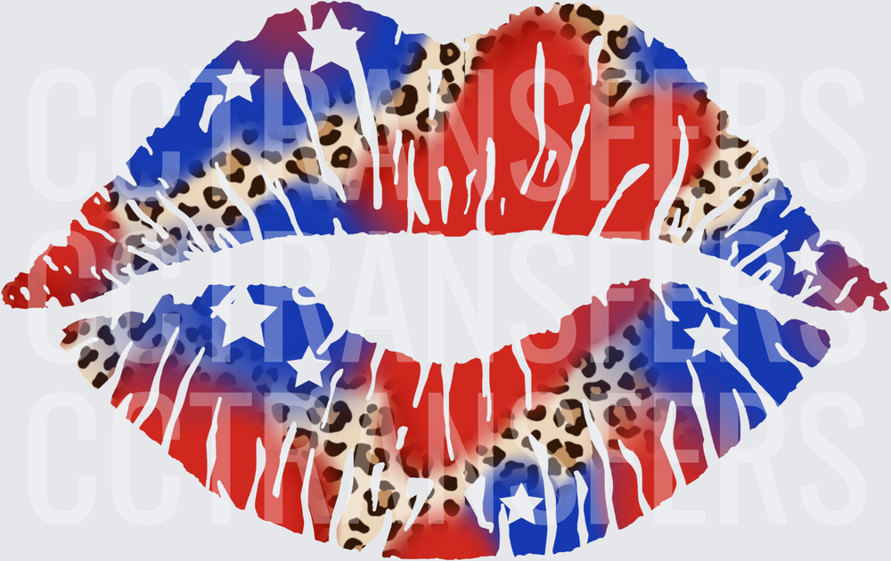 Patriotic Red White Blue Leopard Print Lips Stars (DTF)