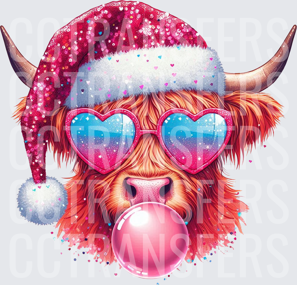 Glitter Highland Cow Santa Hat Heart Sunglasses Bubblegum (DTF)