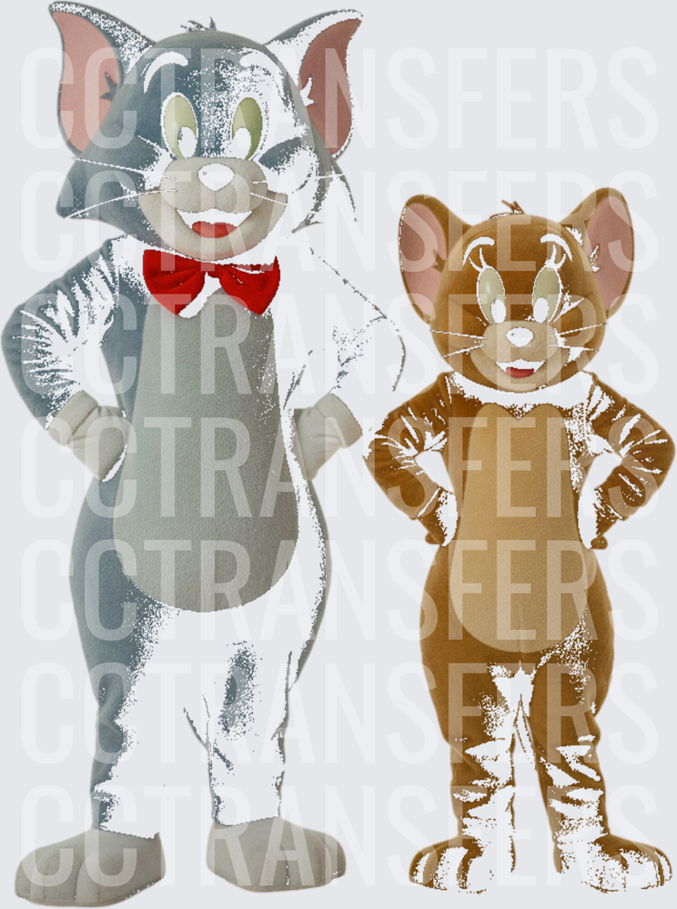 Cartoon Cat and Mouse Mascot Duo with Red Bow Tie (DTF)