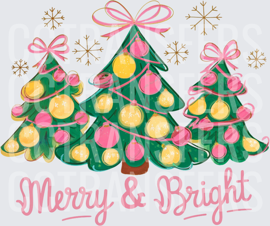 Merry & Bright Pink Bow Christmas Trees Snowflakes (DTF)
