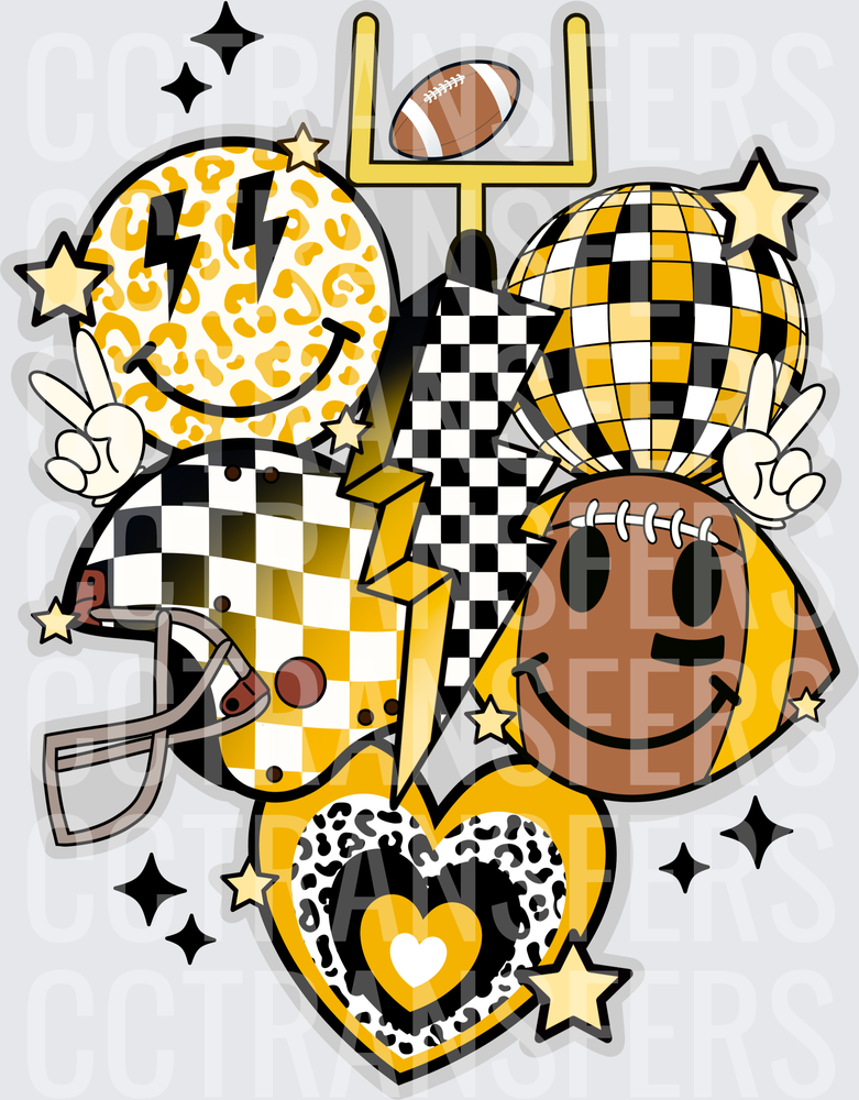 Black & Gold Football Smiley Face Collage Leopard Heart (DTF)