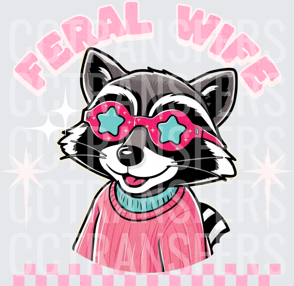 Feral Wife Raccoon Pink Star Sunglasses Sweater (DTF)