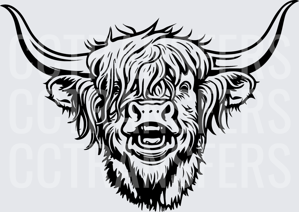 Smiling Shaggy Highland Cow with Long Horns (DTF)