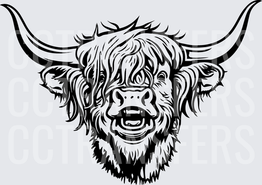 Smiling Shaggy Highland Cow with Long Horns (DTF)