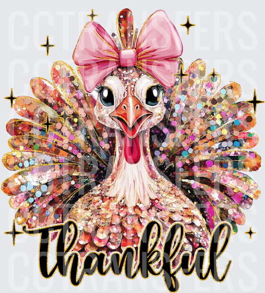 Thankful Glitter Turkey with Pink Bow (DTF)