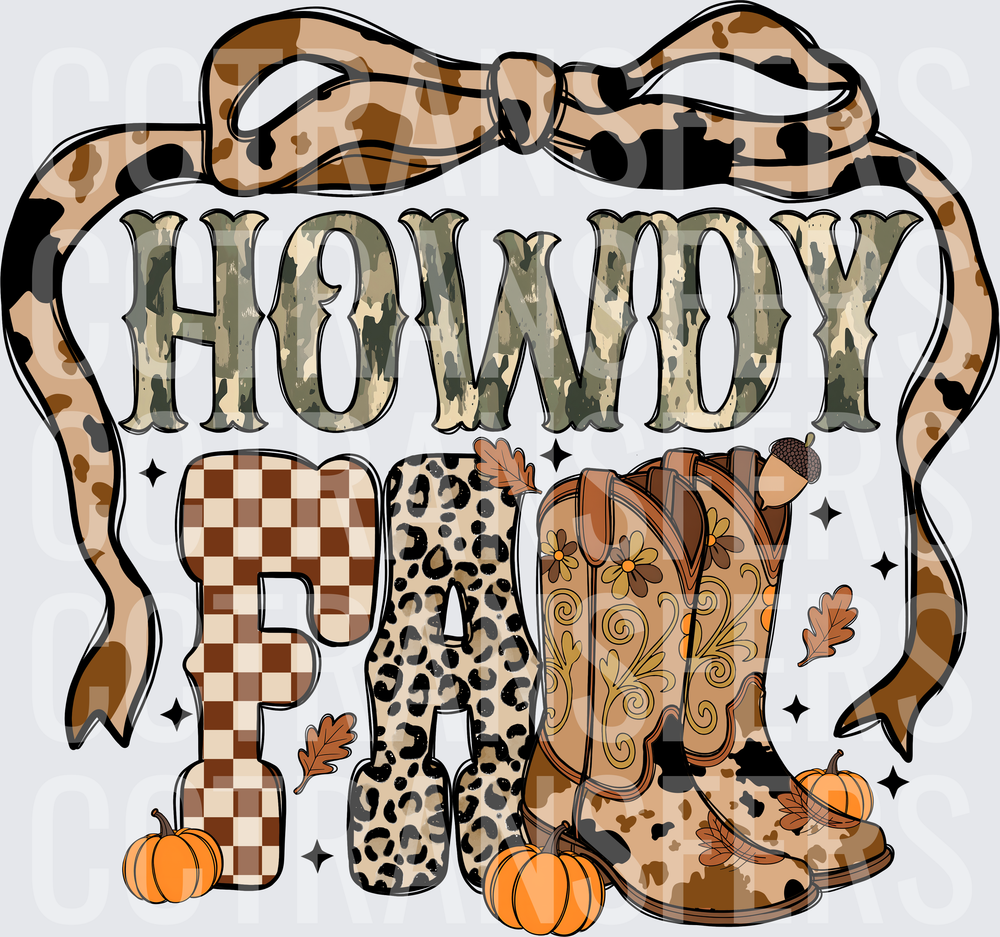 Howdy Fall Camo Leopard Cowboy Boots Pumpkins Bow (DTF)