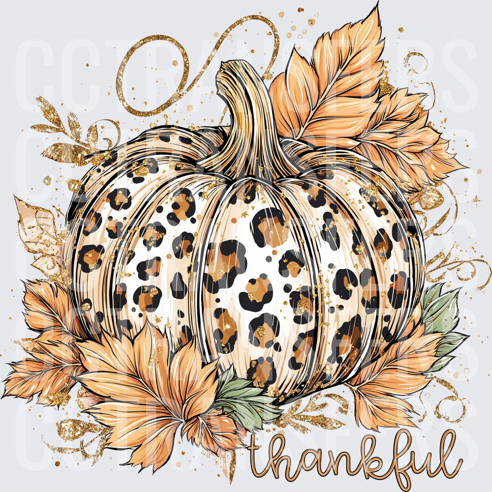 Thankful Leopard Print Pumpkin Fall Floral Gold Glitter (DTF)