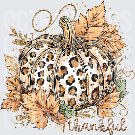 Thankful Leopard Print Pumpkin Fall Floral Gold Glitter (DTF)