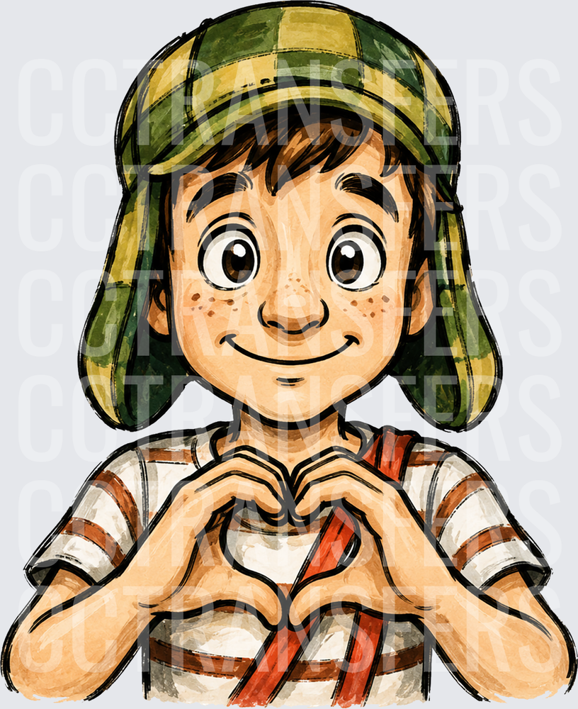 Freckled Boy in Plaid Cap Making Heart Hand Gesture (DTF)