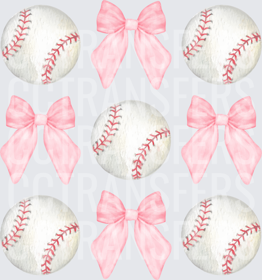 Watercolor Baseballs and Pink Bows Pattern (DTF)