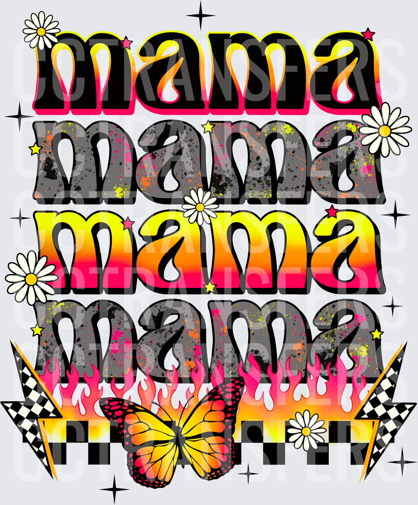 Mama Retro Groovy Butterfly Flames Checkered Daisy (DTF)