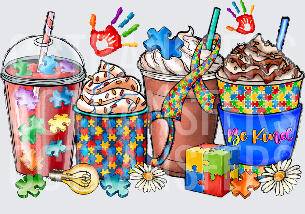 Autism Awareness Be Kind Coffee Drinks Puzzle Pieces (DTF)