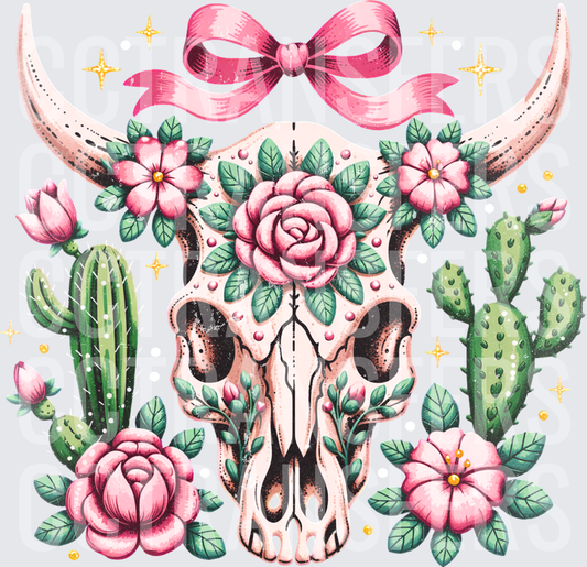 Floral Bull Skull Pink Bow Cactus Western Glam (DTF)
