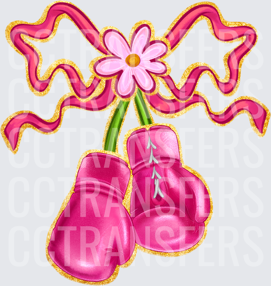 Pink Boxing Gloves Daisy Flower Wavy Ribbon Gold Glitter (DTF)