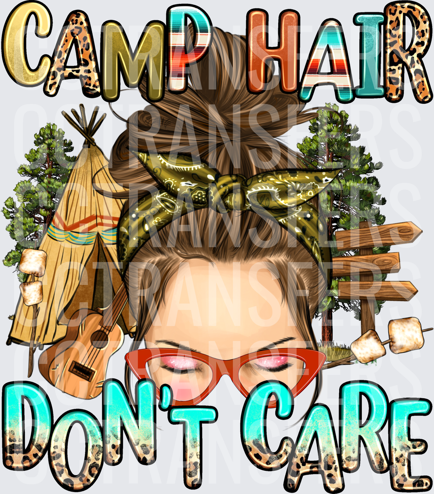 Camp Hair Don't Care Messy Bun Camping Girl (DTF)
